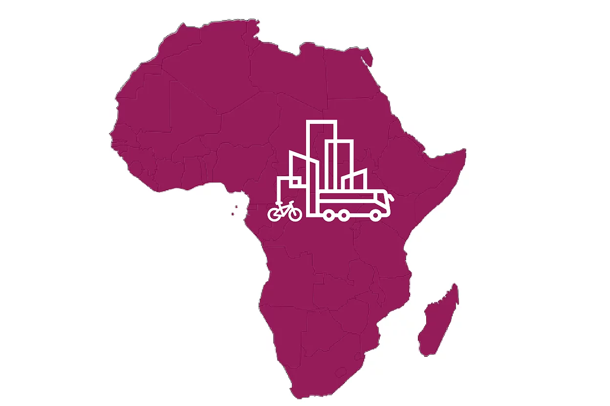 A maroon silhouette of the African continent with a white icon of buildings and a truck superimposed on the central-western region. The icon symbolizes urban infrastructure and industrial activity, suggesting themes of development, logistics, or economic growth across Africa.